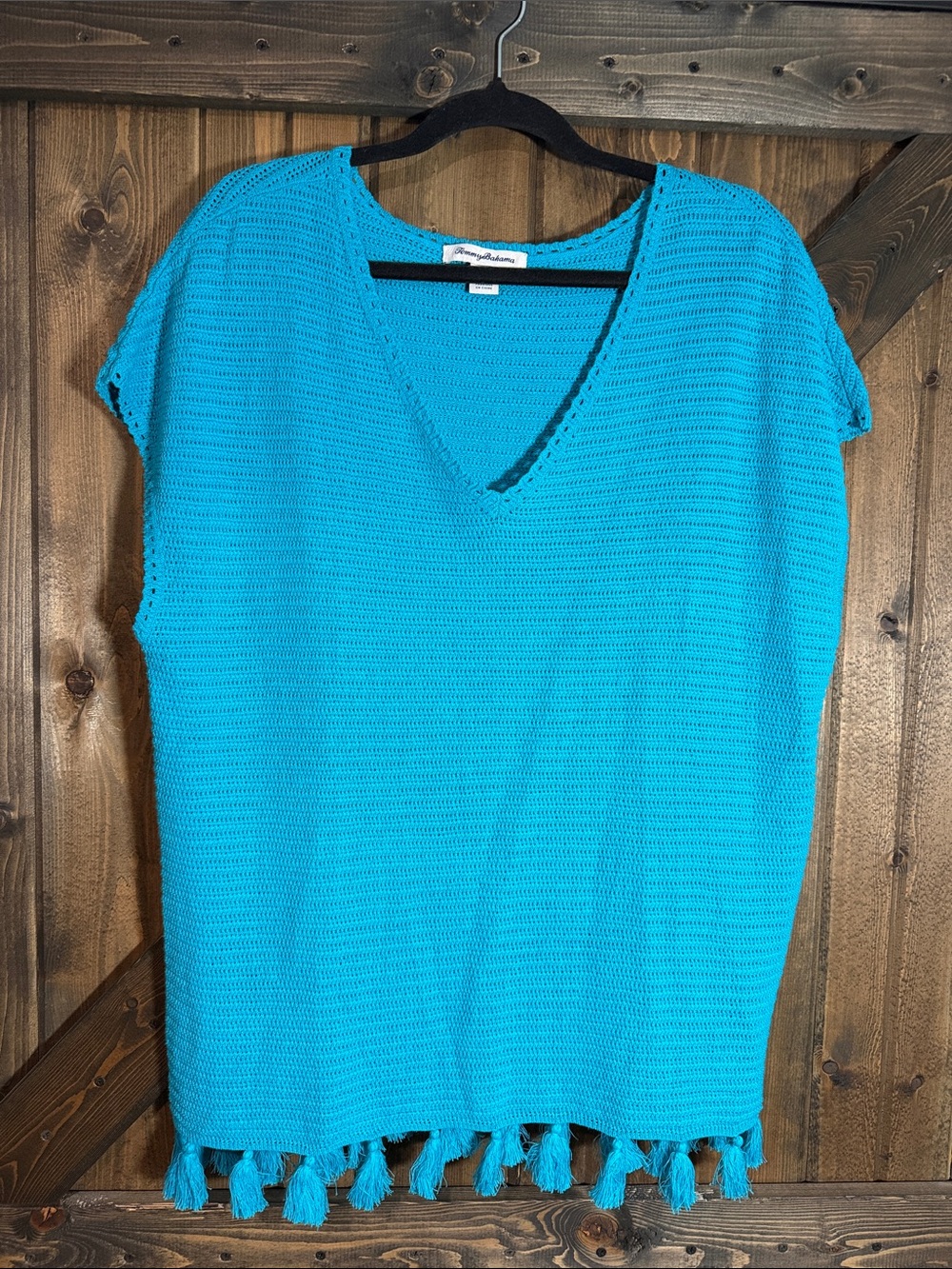 Tommy Bahama Turquoise V-Neck Tassel Knit Tunic Linen/Cotton Blend